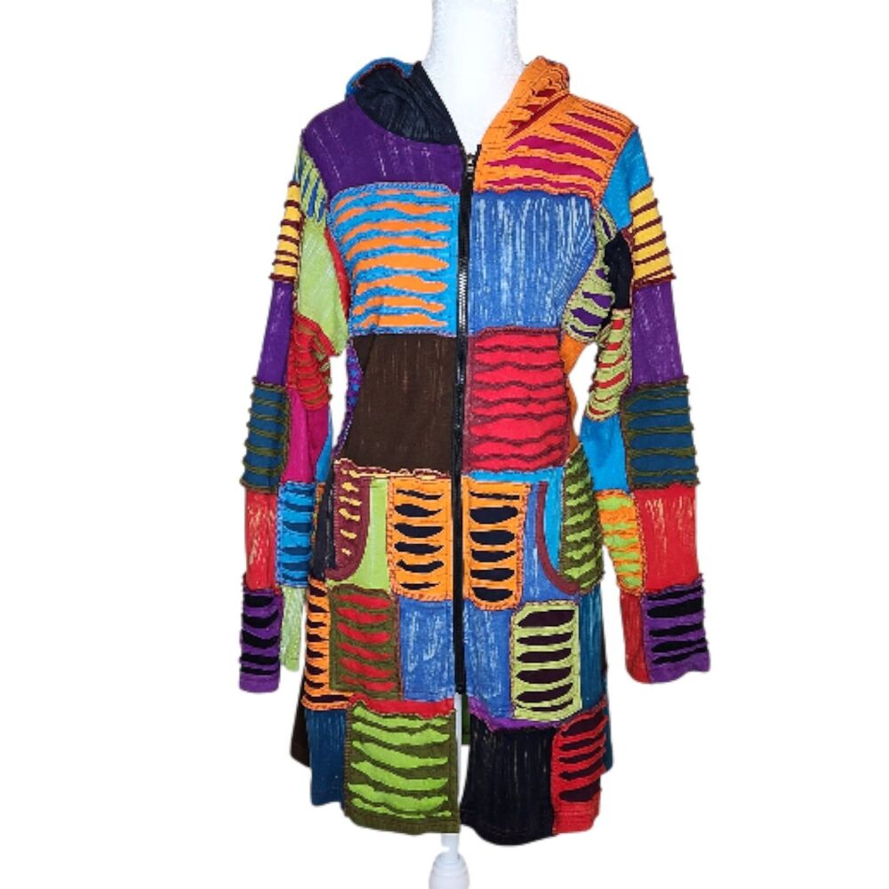 Greater Good Network Patchwork Razor Cut Long Hoodie Zip Jacket Women's S/M Boho